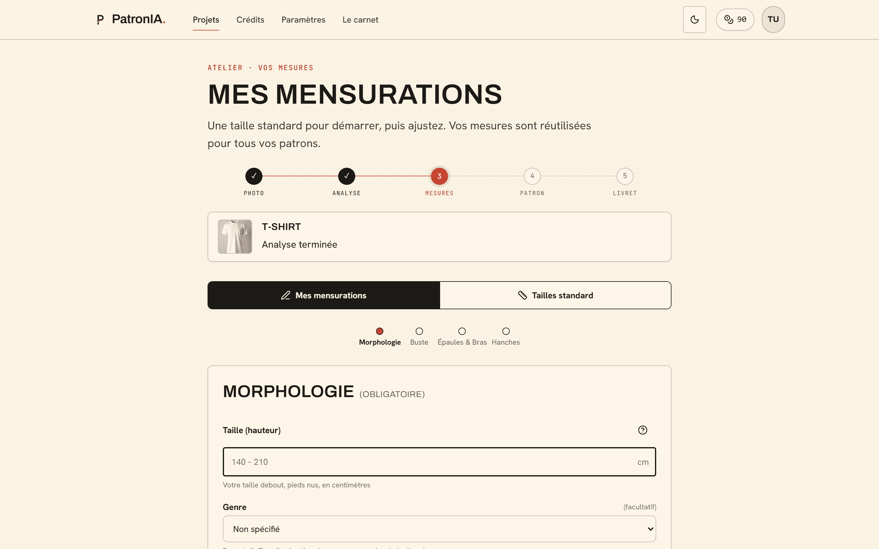 Écran des mensurations de PatronIA : tailles standard ou mesures détaillées, avec le parcours photo → analyse → mesures.