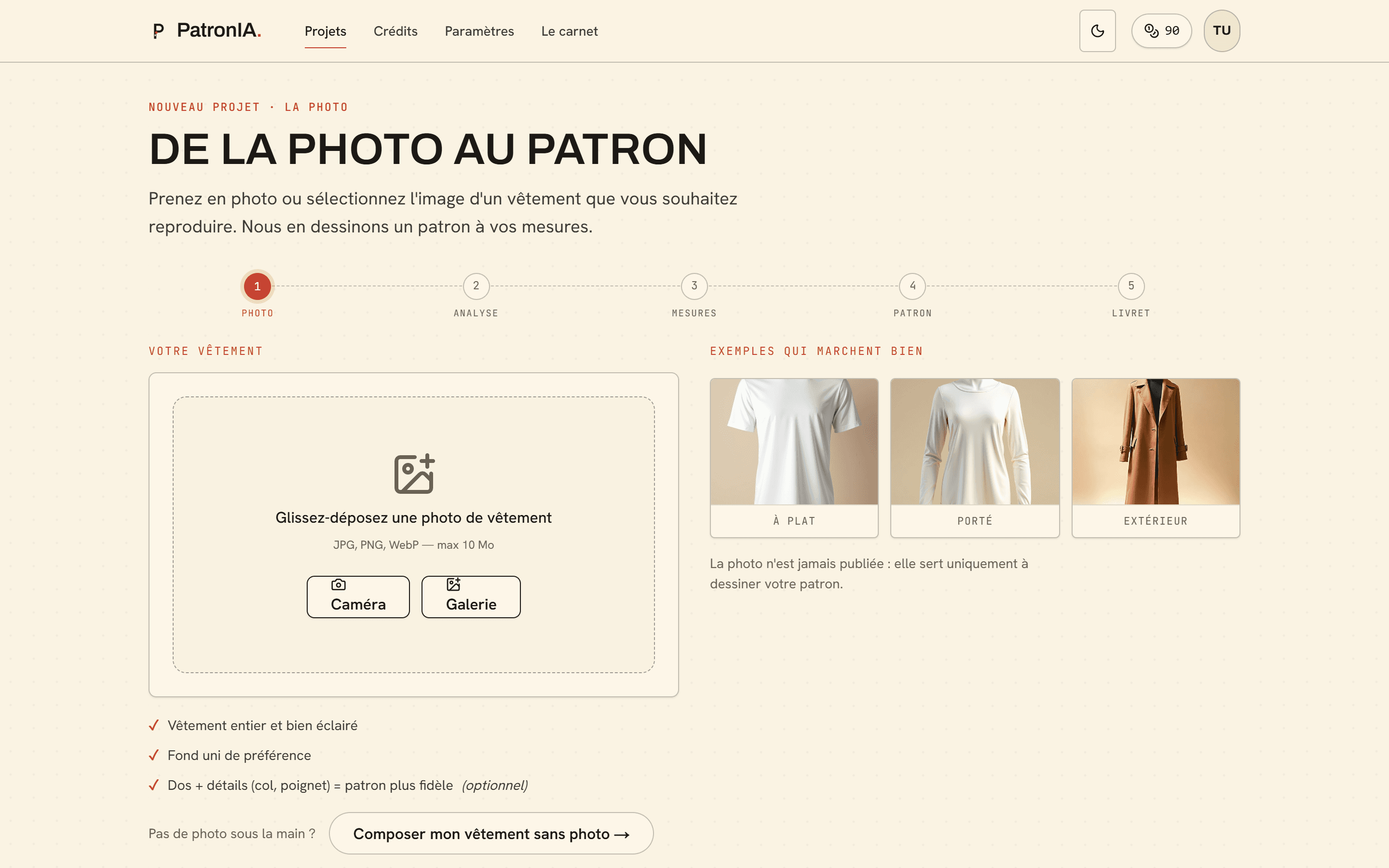 Écran d'envoi de photo de PatronIA : zone de dépôt et exemples qui marchent bien.