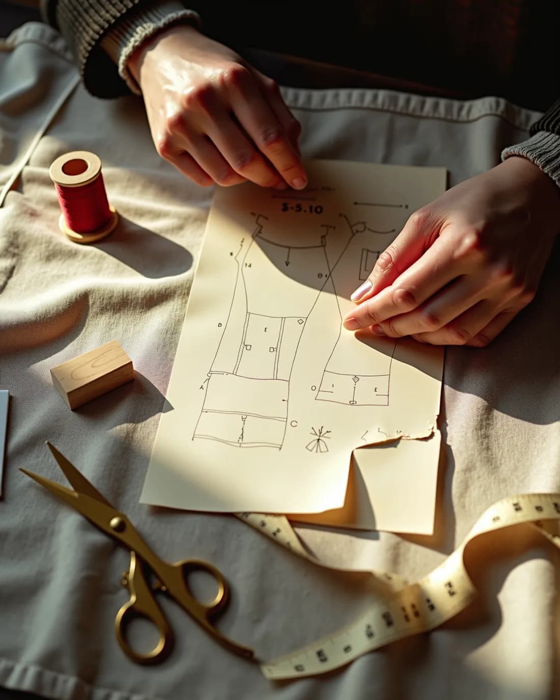 Des mains épinglent un patron de couture sur le tissu